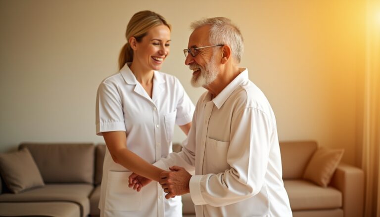 Smiling-nurse-assisting-elderly-man-at-home – Nbdat Healthcare Qatar