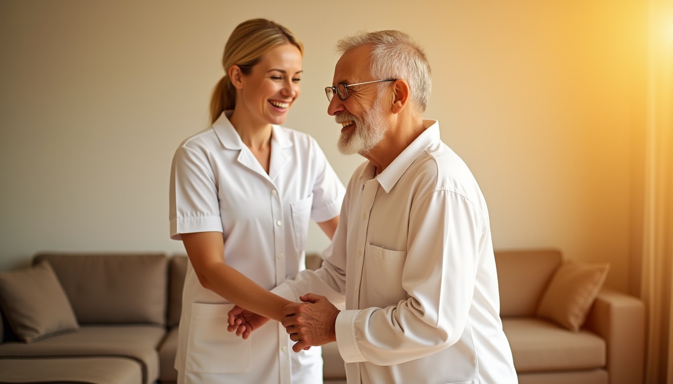 Smiling-nurse-assisting-elderly-man-at-home – Nbdat Healthcare Qatar
