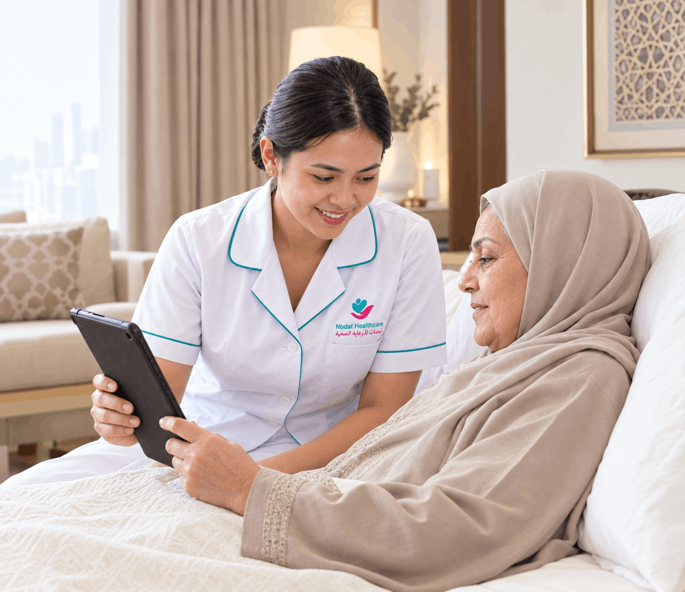 female-caregiver-helps-old-disabled-woman-lying-hospital-bed-use-digital-tablet-pc-bright-room-with-big-windows